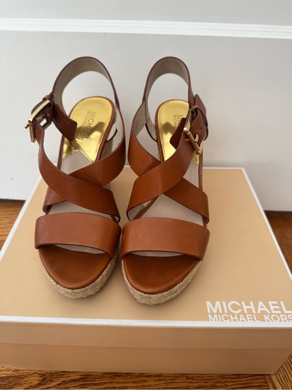 Michael Kors Cognac Leather Espadrille Wedge Sandals